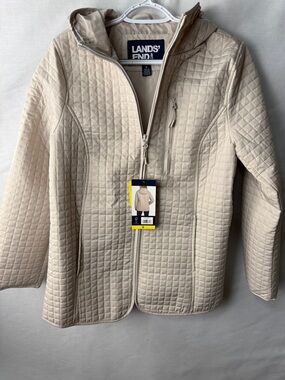 Lands' End Quilted Hooded Puffer Jacket in Light Beige